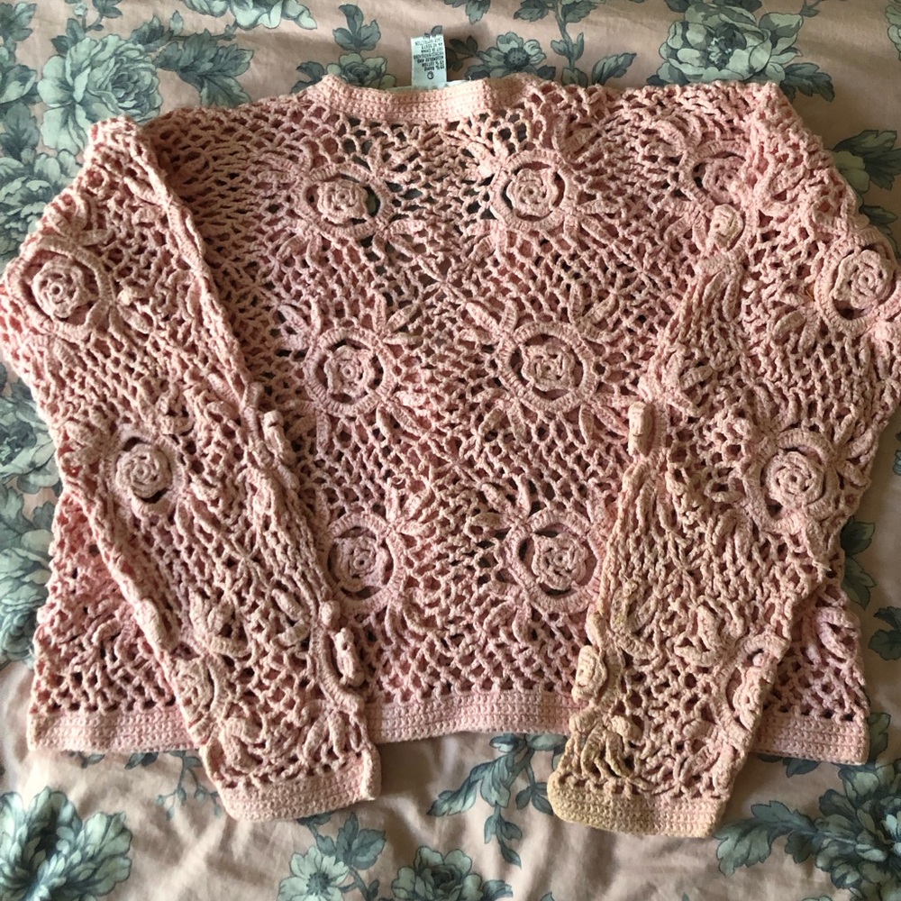 Pink crochet flower lace cardigan top vintage 90"s Equipt 90"s size L large boho - Picture 4 of 8